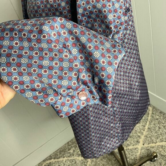 Vintage Lady Holiday Womens Medium Tie Neck Button Front Blouse Blue Floral - Picture 12 of 14